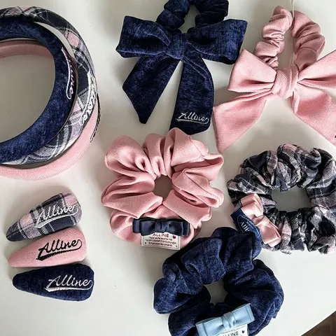 Accessori per Capelli in Tessuto Plaid a Righe Rosa Blu Coreano Fascia Ricamata Fiocco Scrunchie Fermaglio per Capelli a Triangolo Donna