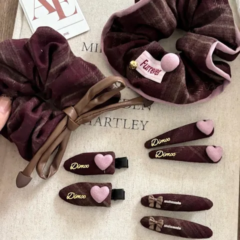 Pinza de Pelo de Cuadros Vintage Lazo Coletero Rojo Café Accesorios para el Cabello para Mujer Gomas de Pelo Elegantes