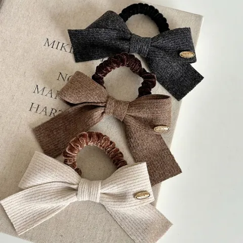 Elastico per Capelli in Maglia Retrò Francese a Fiocco per Donna Tessuto a Costine Fascia Elastica Con Ciondolo in Metallo Dorato Copricapo Elegante