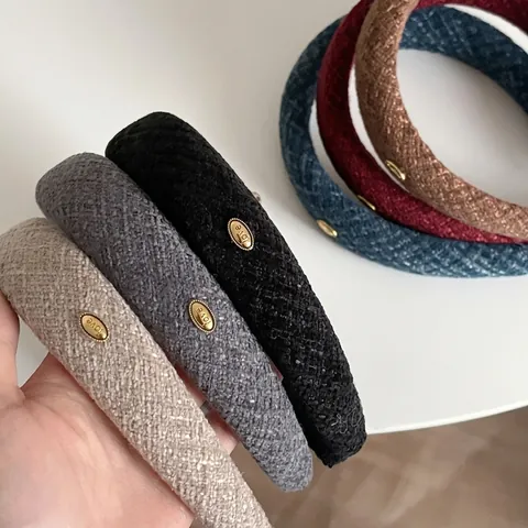 Vintage Gepolstertes Tweed Stirnband Für Damen Gold Love Metall Etikett Koreanischer Stil Elegantes Gewebtes Haarband Haarschmuck