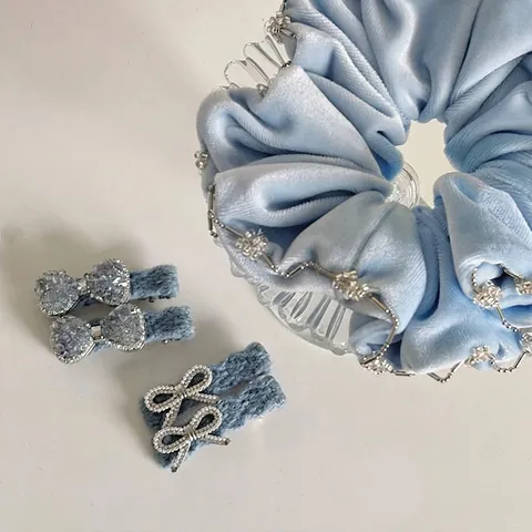 Korean Style Blue Velvet Scrunchie Knit Hair Clip Set Rhinestone Artificial Pearl Bow Hair Accessories For Women