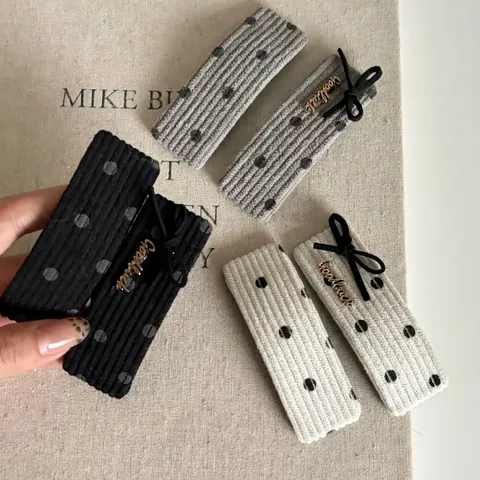 French Velvet Polka Dot Hair Clip Rectangular Ribbed Fabric Bowknot Side Clip Metal Letter Goodluck Hair Accessory Women