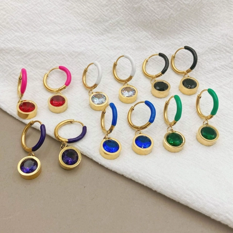 Boucles d'Oreilles Créoles en Acier Inoxydable avec Zircone Style Français Émail Coloré Pendentif Rond Bijoux Femme