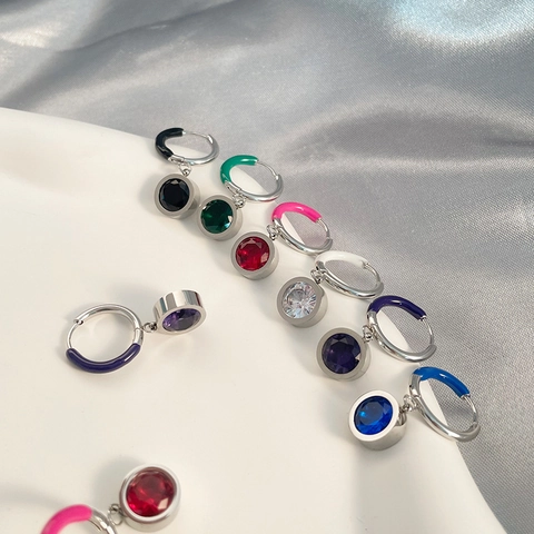 Boucles d'Oreilles Créoles en Acier Inoxydable avec Zircone Style Français Émail Coloré Pendentif Rond Bijoux Femme