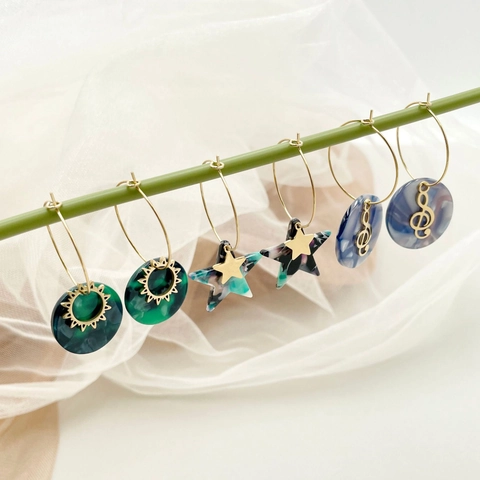 Korean Style 14K Gold Plated Stainless Steel Large Hoop Earrings With Marble Texture Acrylic Geometric Pendant For Women