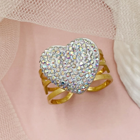 Bague Coeur en Acier Inoxydable Plaqué Or pour Femmes Plein de Strass AB Multicouche Creuse Réglable Bague Ouverte