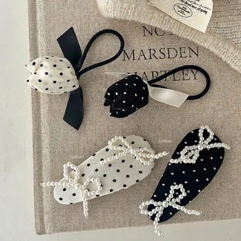 Punktmuster Tulpe Haargummi Und Schleife Haarspange Mit Künstlichen Perlen Retro Süß Stoff Haarschmuck Für Damen