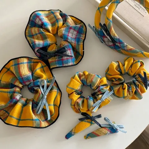 Vintage-Haaraccessoires Aus Kariertem Stoff Gelb Blau Karierte Haarspangen Schleifen-Scrunchies Stirnbänder Für Damen Mädchen Täglicher Haarschmuck