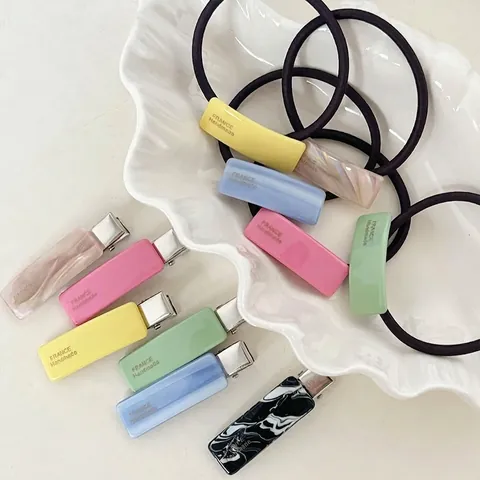 Pince à Cheveux Rectangulaire en Acétate Style Français Avec Texture Marbre Élastique Cheveux Couleur Bonbon pour Femme