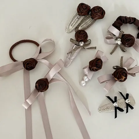 Pinza de Pelo de Rosa de Tela Hecha a Mano Vintage para Mujer Cinta Marrón Perla Artificial Diamante de Imitación Accesorios para el Cabello