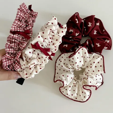 Sweet Red White Polka Dot Fabric Hair Scrunchie Butterfly Bow Headband Set Vintage Plaid Hair Accessory For Women Fashion Headwear