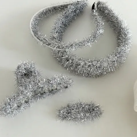 Handmade Silver Metallic Thread Hair Accessories Set Elegant Tinsel Headband Artificial Pearl Edge Hair Claw Clip BB Clip For Women Fashion Hair Decor