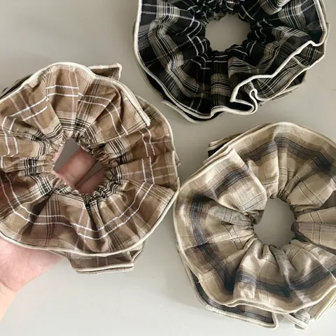 Chouchou en Tissu Plaid Large Style Forêt Française Vintage Élastique à Cheveux Surdimensionné Accessoires de Coiffure pour Femmes