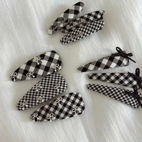 Fermaglio per Capelli in Stile Britannico a Quadri Bianchi e Neri con Fiocco Vintage Pied de Poule per Donna Ragazza