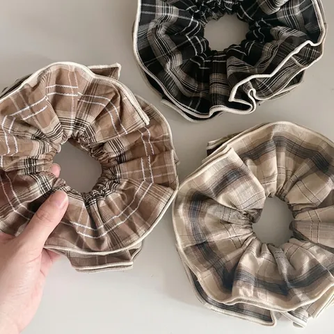 Chouchou en Tissu Plaid Large Style Forêt Française Vintage Élastique à Cheveux Surdimensionné Accessoires de Coiffure pour Femmes