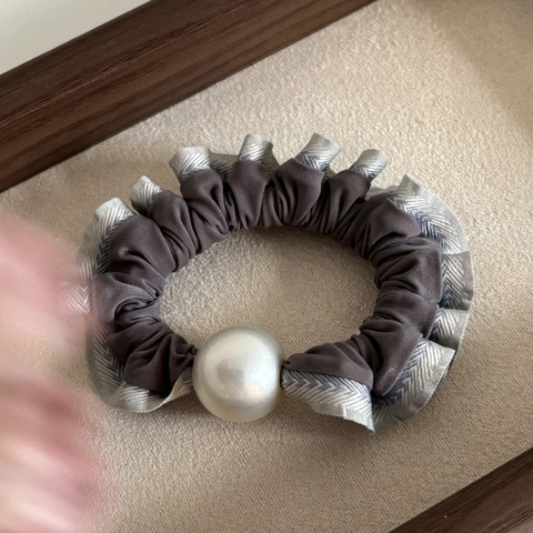 Vintage Franse Stijl Grote Kunstparel Scrunchies Satijn Stof Geplooide Kant Haarelastiekjes Elegante Haaraccessoires Voor Vrouwen