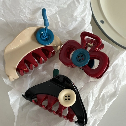 Women Vintage Acetate Button Hair Claw Clip Contrast Color Shark Clip Retro Geometric Hair Accessories Daily Hairpins