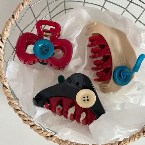 Women Vintage Acetate Button Hair Claw Clip Contrast Color Shark Clip Retro Geometric Hair Accessories Daily Hairpins