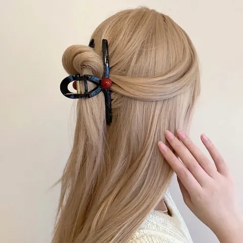 French Vintage Polka Dot Large Hair Claw Clip For Women Acrylic Shark Clip With Red Artificial Pearl Elegant Hair Accessories