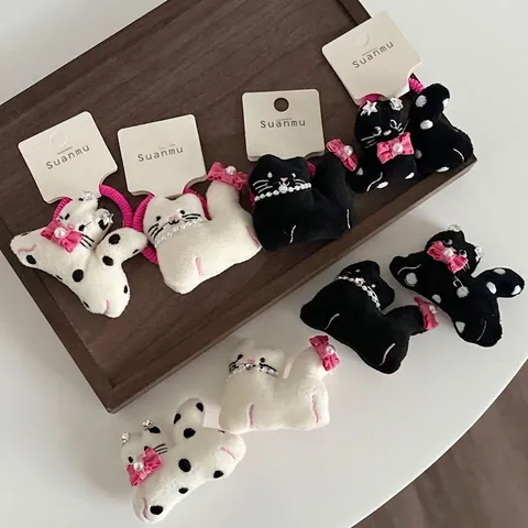 Cute Cartoon Plush Cat Hair Clip For Girls Women Sweet Polka Dot Cat Shape Bangs Clip With Bow Artificial Pearl Hair Accessories