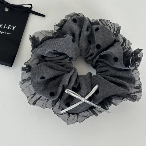 Coletero de Malla con Lunares Grises para Mujer Decoración de Lazo Dulce Retro Banda de Pelo Elástica de Tela Grande