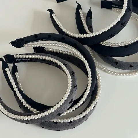 Fashion Cloth Fabric Artificial Pearl Headband Heart Polka Dot Bow Pattern Handmade Double Layer Hair Band Hair Accessories Women