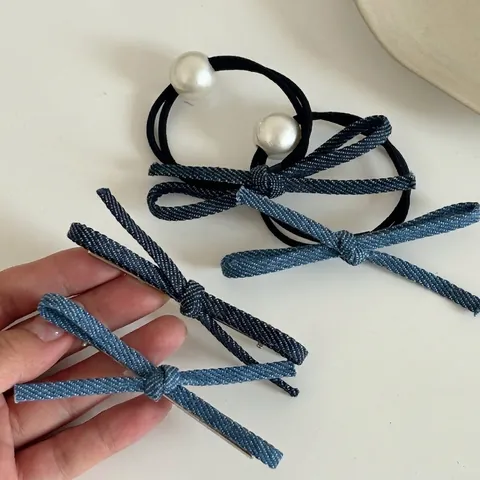 Pinza Para El Pelo Con Lazo De Denim Azul Vintage Y Goma Para El Pelo Con Perla Artificial Accesorios Para El Pelo De Moda Hechos A Mano Para Mujer