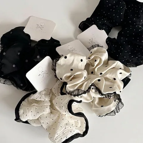 Elegant Lace Polka Dot Satin Scrunchies Rhinestone Bow Mesh Floral Hair Ties Fashion Large Ponytail Holder For Women Daily Jewelry