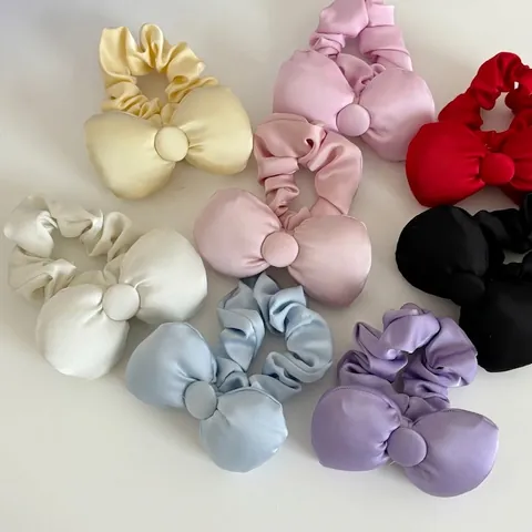 Sweet Satin Bow Scrunchie Solid Color Handmade Pleated Hair Tie High End Elegant Elastic Hair Band For Women Hair Accessories