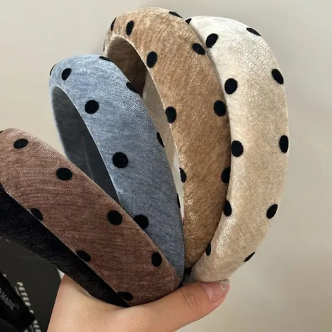French Retro Polka Dot Velvet Headband For Women Elegant High Cranium Thickened Padded Hair Band Handmade Hair Accessories