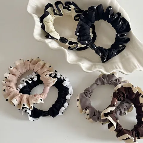 Elastici per Capelli Pois Fatti a Mano Volant Tessuto Alta Elasticità Coda di Cavallo Con Perline Decorative Donna