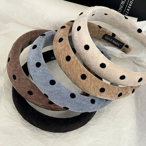 French Retro Polka Dot Velvet Headband For Women Elegant High Cranium Thickened Padded Hair Band Handmade Hair Accessories