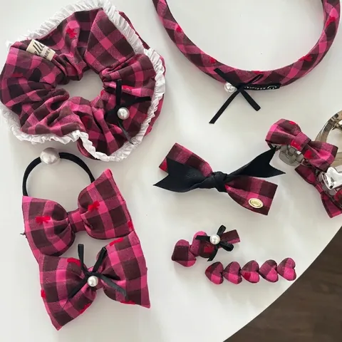 Set Accessori Capelli Fiocco Plaid Rosso Rosa Donna Ragazza Dolce Cuore Perla Artificial Tessuto Molletta Cerchietto Elastico