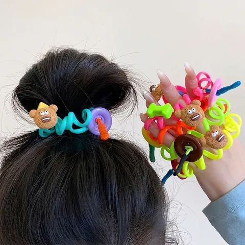 Schattige Telefoonsnoer Haarelastiekjes Met Cartoon Beer Hars Bedeltjes Veelkleurige Spiraal Haarbanden Voor Dames Sieraden