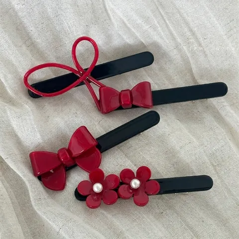 Pinzas para el Cabello de Pico de Pato de Acetato Rojo Francés con Lazo y Flores Elegantes y Minimalistas Accesorios para el Cabello