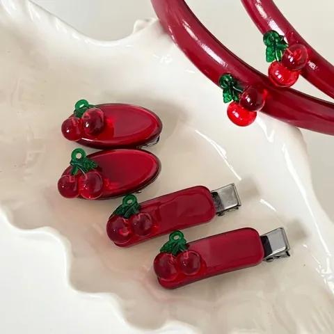 Accessoires Cheveux Cerise Rouge Doux Style Coréen Pour Femmes Serre-Tête En Tissu Et Pince Bec De Canard Transparente