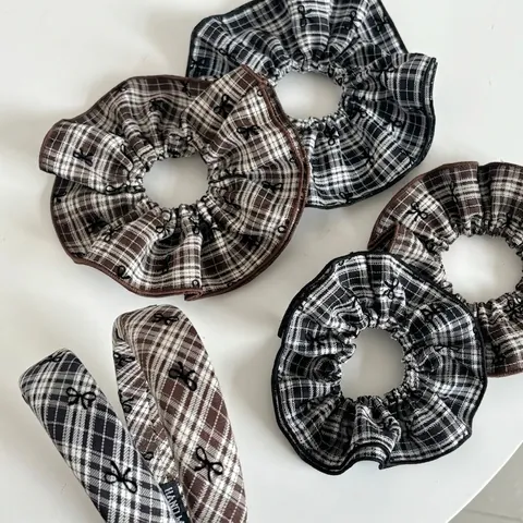 Preppy Plaid Scrunchie And Headband Black White Houndstooth Striped Hair Accessories With Bow Embroidery For Women Girls
