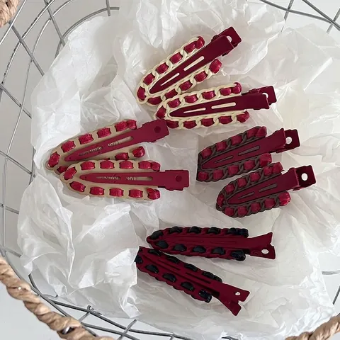 Vintage Bourgondië Gevlochten Leer Legering Haarclips Voor Vrouwen Elegante Franse Stijl Eendenbekclip Kerst Haaraccessoires