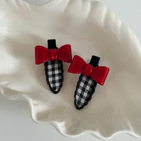 Sweet Red Bow Plaid Acetate Hair Clips For Women Girls Black White Checkered Duckbill Clip Bangs Clip Hair Accessories