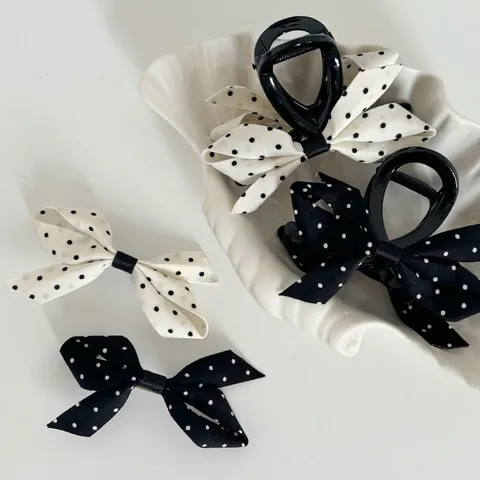 Pince à Cheveux Vintage à Nœud Papillon à Pois Style Français Pince Crabe en Tissu Élégant Accessoire Cheveux Mode Pour Femmes
