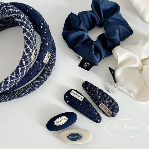 Ensemble de Pinces à Cheveux en Tweed Bleu Niche Française Chouchou en Satin Bandeau Élégant Étoile pour Femme Accessoires
