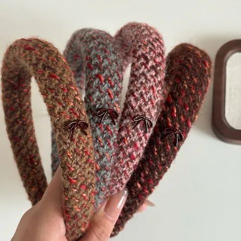 Vintage Gestrickte Tweed Schwamm Gepolsterter Haarreif Für Damen Koreanischer Stil Gestreiftes Haarband Mit Roter Schleife Herbst Winter