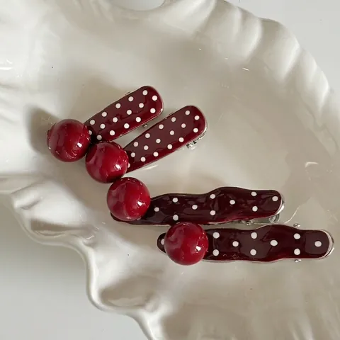Pinza para el Pelo Dulce Rojo Vino de Lunares Con Perla Artificial Elegante Clip de Pico de Pato para Niñas