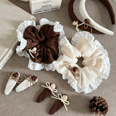 Vintage Fabric Rose Flower Hair Accessories For Women French Elegant Lace Bow Scrunchie Headband Hair Clip Hairpin Headwear
