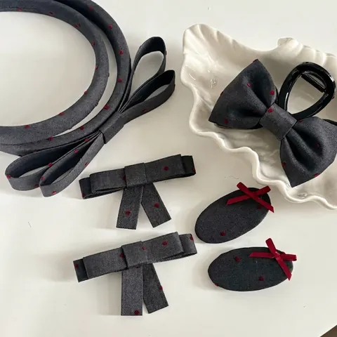 Fermaglio per Capelli a Fiocco Pois Grigio Stile Francese Pinza in Tessuto Dolce Puntini Rossi Accessori per Capelli Donna
