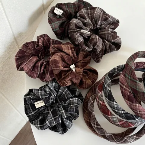 Ensemble d'Accessoires Cheveux à Carreaux Français Vintage Style Académique Chouchous en Tissu et Serre-têtes Rembourrés Femme
