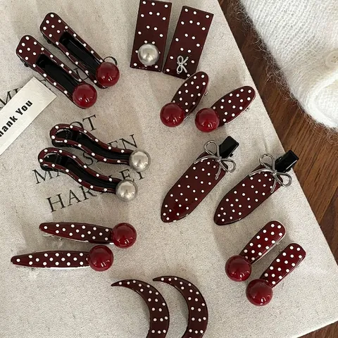 Pinzas para el Cabello Vintage Rojo con Lunares para Mujer Hechas a Mano Metal Resina Clip Lateral Perla Artificial