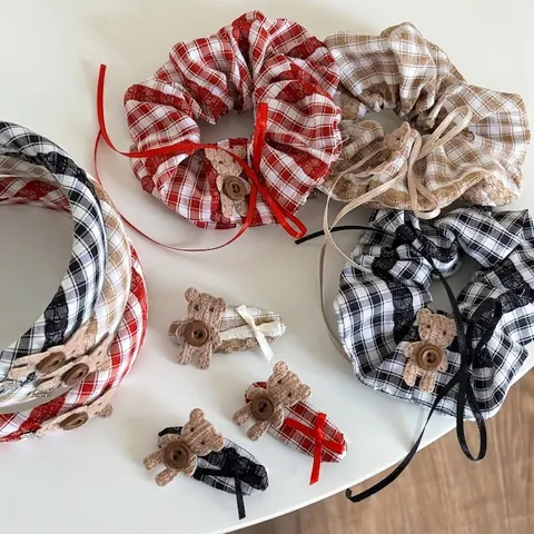 Set Accessori per Capelli con Orsetto Plaid Vintage Molletta Cerchietto Elastico per Capelli in Tessuto Gingham per Donna Ragazze Decorazioni Stile Foresta