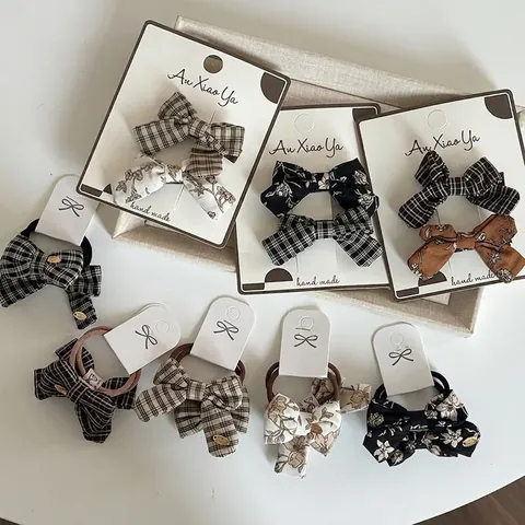 Vintage Kariert Floral Schleife Haargummis Für Damen Mädchen Stoff Handgemachte Elastische Haarseile Schleife Haarklammern Haarschmuck