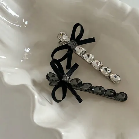 Vintage French Black Satin Bow Hair Clip Rhinestone Alloy BB Pin Elegant Side Hair Accessory For Women Party Daily Hairpin